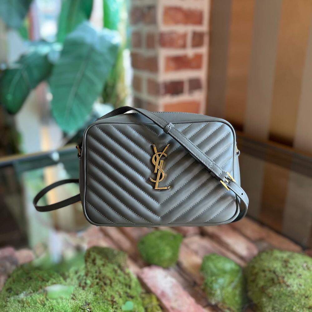 SAINT LAURENT Lou Camera Gray Chevron Quilted Crossbody Bag